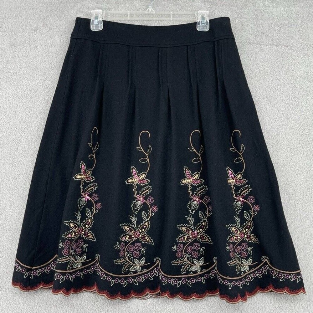 J Jill Wool Skirt Womens 8 Petite Black Embroidered Beaded Knee Length Scallop